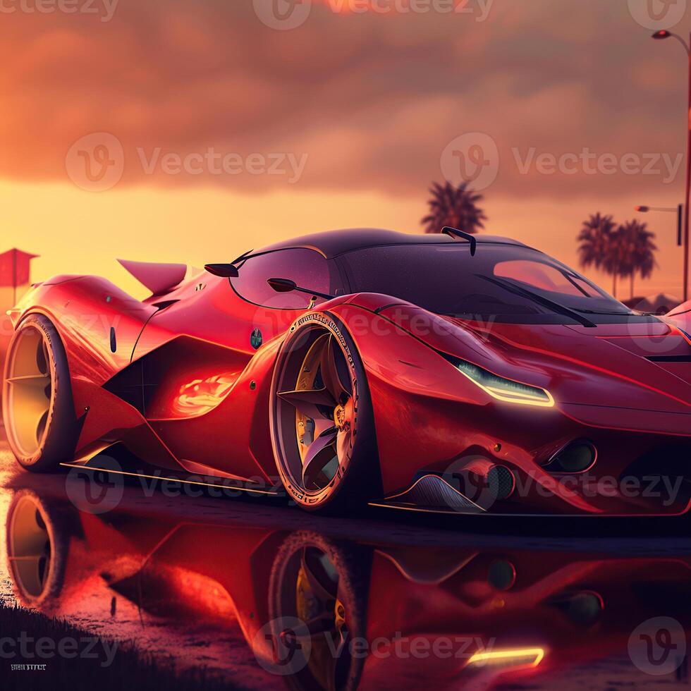 corrida para dentro amanhã, cativante Visualizações do uma protótipo Ferrari contra uma lindo pôr do sol, generativo ai foto