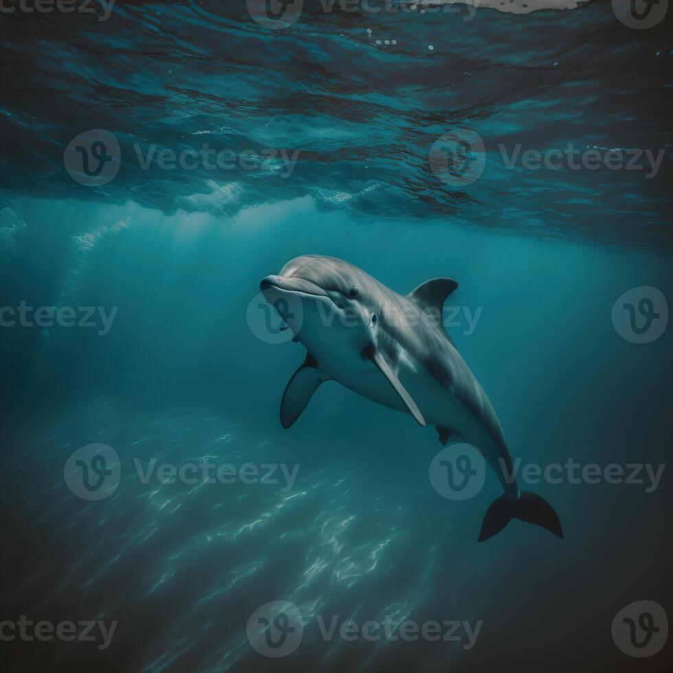 gracioso nadadores, majestoso golfinhos dentro seus natural habitat com uma azul mar pano de fundo, generativo ai foto