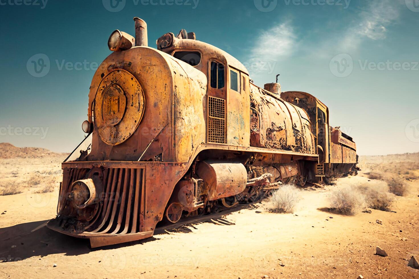 a velho oxidado vapor locomotiva estacionado dentro a deserto. generativo ai foto