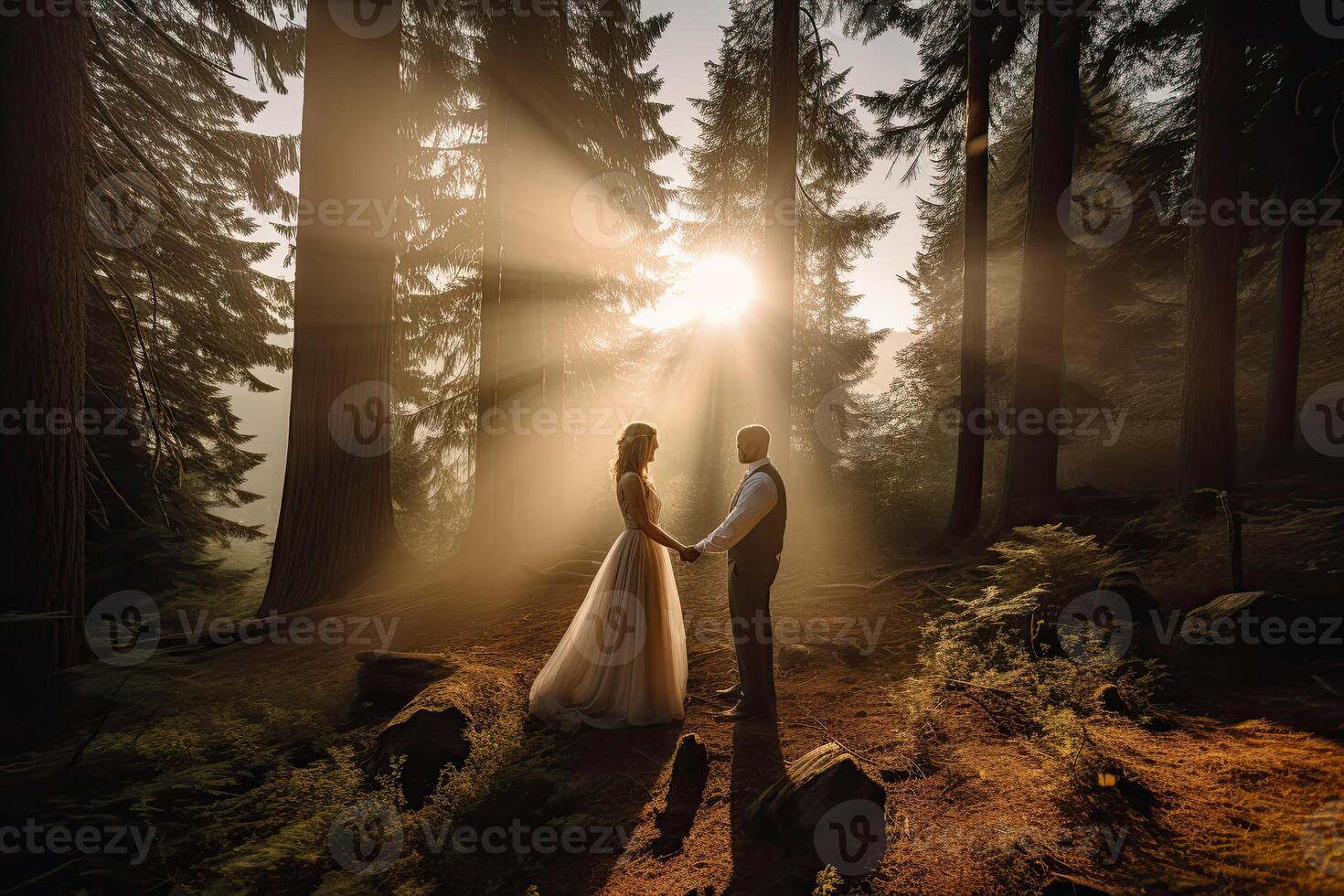 Casamento silhueta casal posando em pôr do sol dentro lindo floresta às Casamento dia. noiva e noivo dentro amar. inexistente pessoa. generativo ai. foto