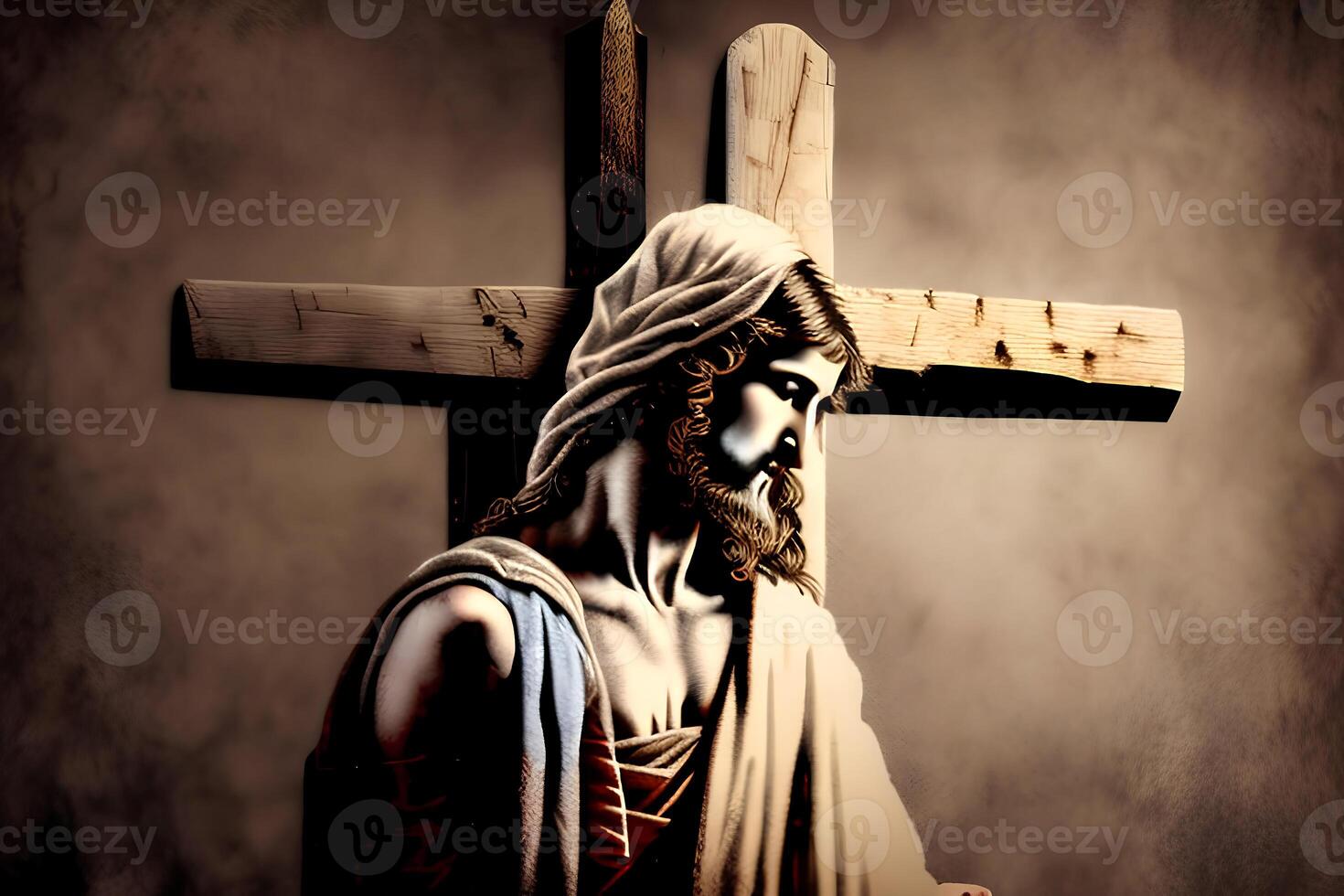 uma Cruz com uma estátua do Jesus ai generativo foto