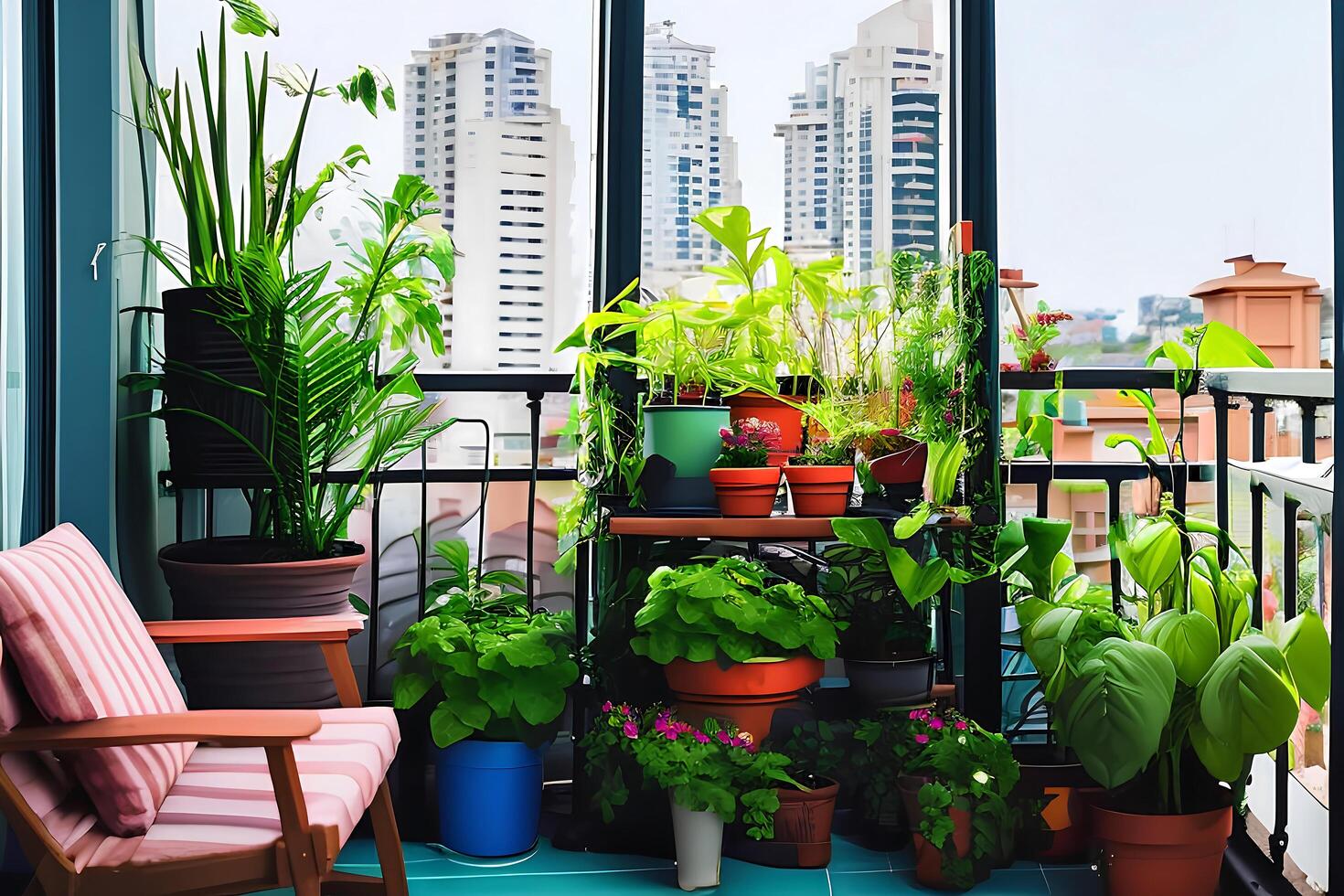 ai generativo uma sacada com uma Visão do a cidade dentro a fundo. foto