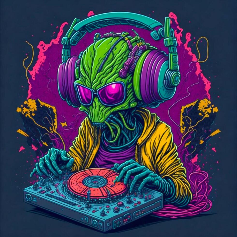 estrangeiro dj personagem dentro exterior espaço. fofa verde extraterrestre humanóide com futurista vinil registro toca discos. eletrônico música festival conceito. quadrinho estilo vetor ilustração, ai generativo, foto