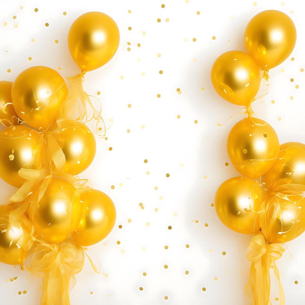 dourado balão fita e confete celebração aniversário festa fundo. ai gerado foto