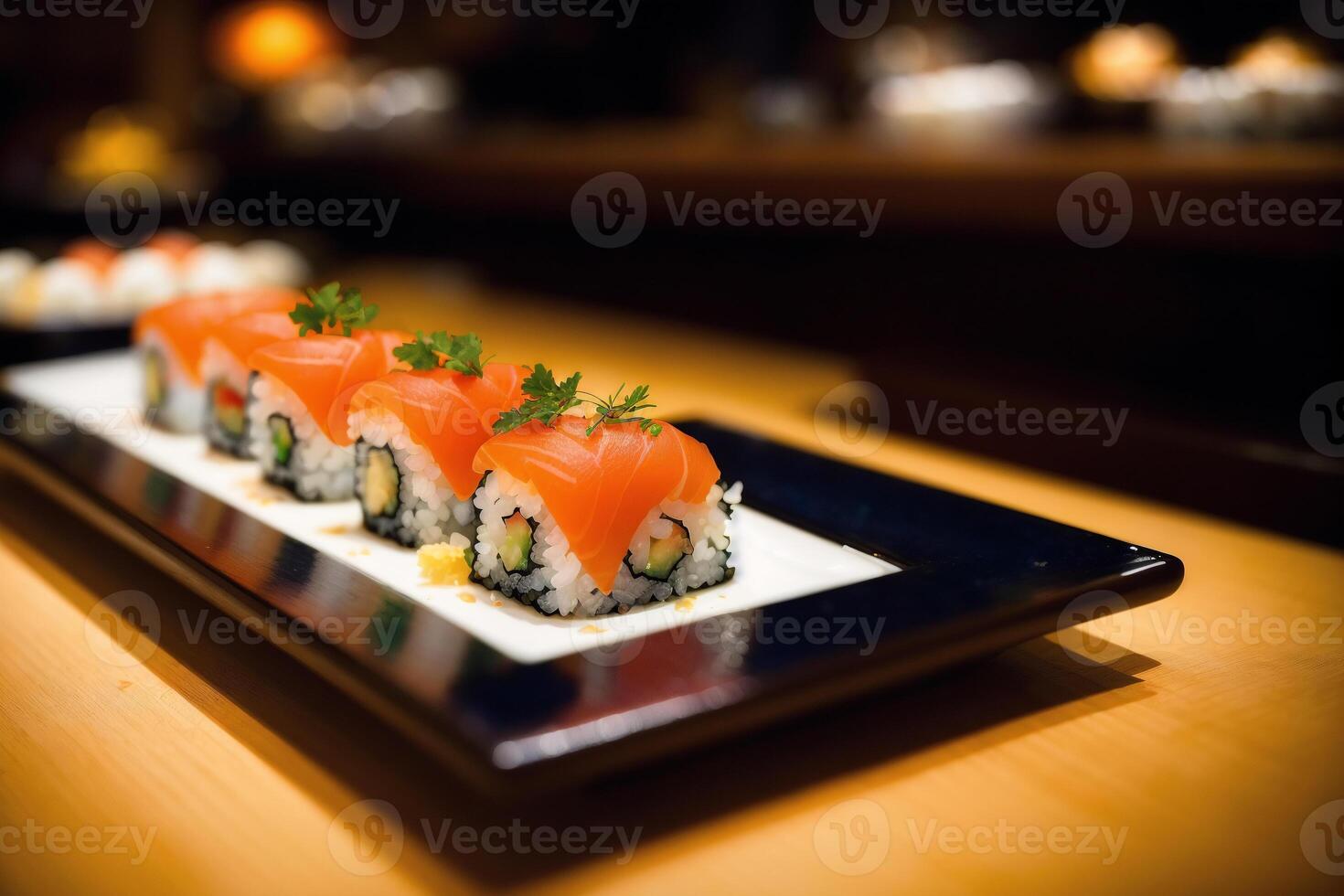 japonês cozinha. Sushi e rolos em a mesa dentro a restaurante. generativo ai foto