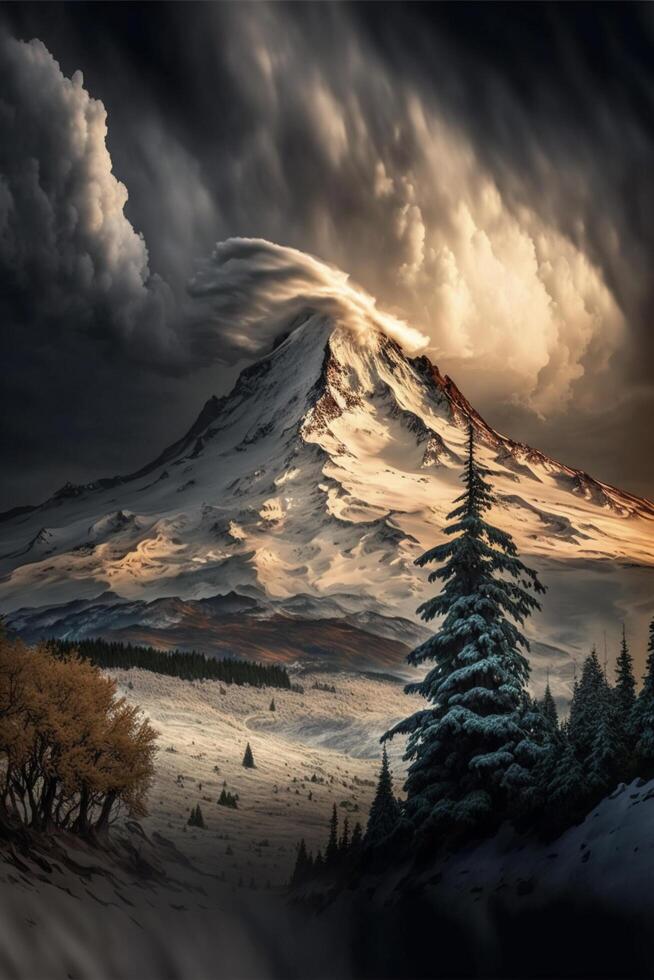 montanha coberto dentro neve debaixo uma nublado céu. generativo ai. foto