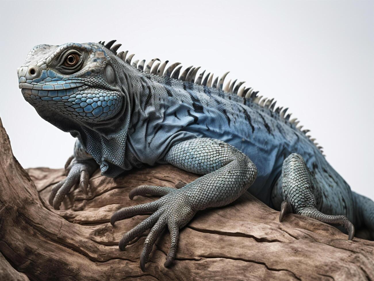 estúdio retrato do uma azul iguana em uma árvore ramo. isolado em branco fundo. ai generativo foto