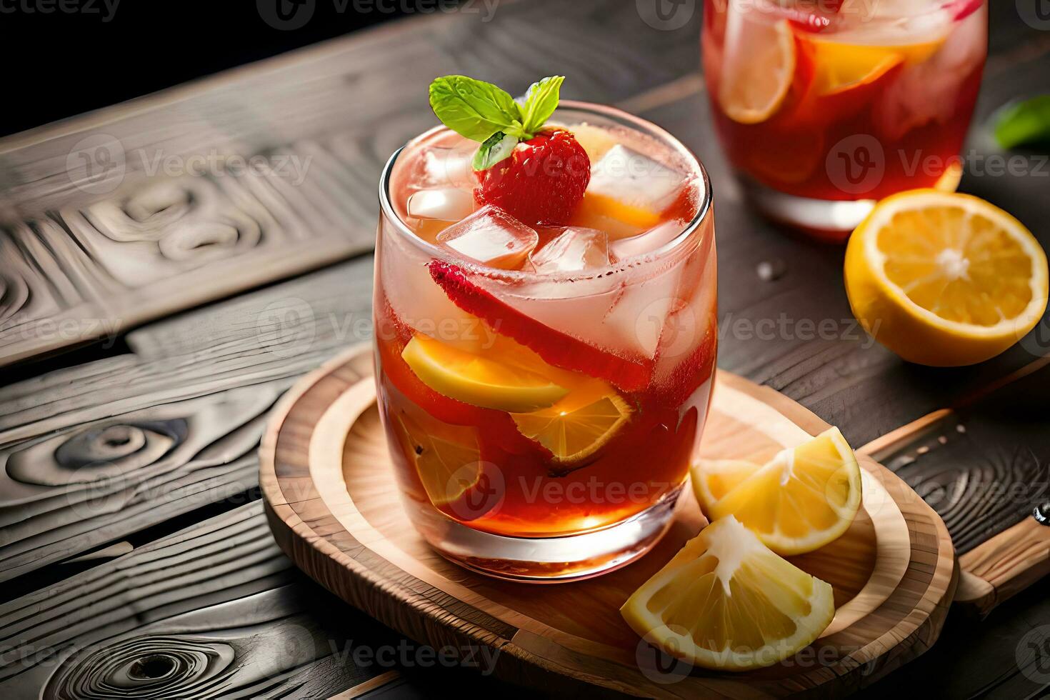 refrescante frutado verão beber em mesa com limão e hortelã foto