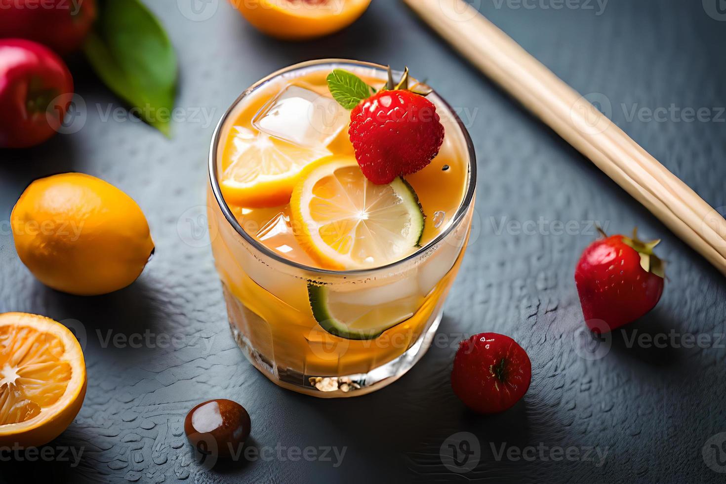 refrescante frutado verão beber em mesa com limão e hortelã foto