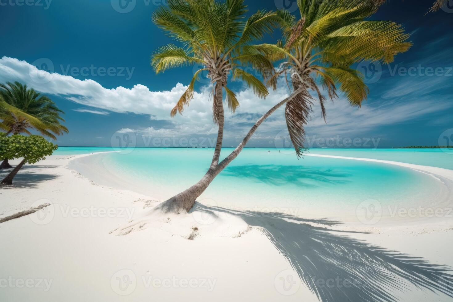 ai gerado idílico ilha paraíso com Palma árvores balançando dentro a brisa, branco areia praias e uma turquesa oceano alongamento Fora Como longe Como a olho pode ver. foto