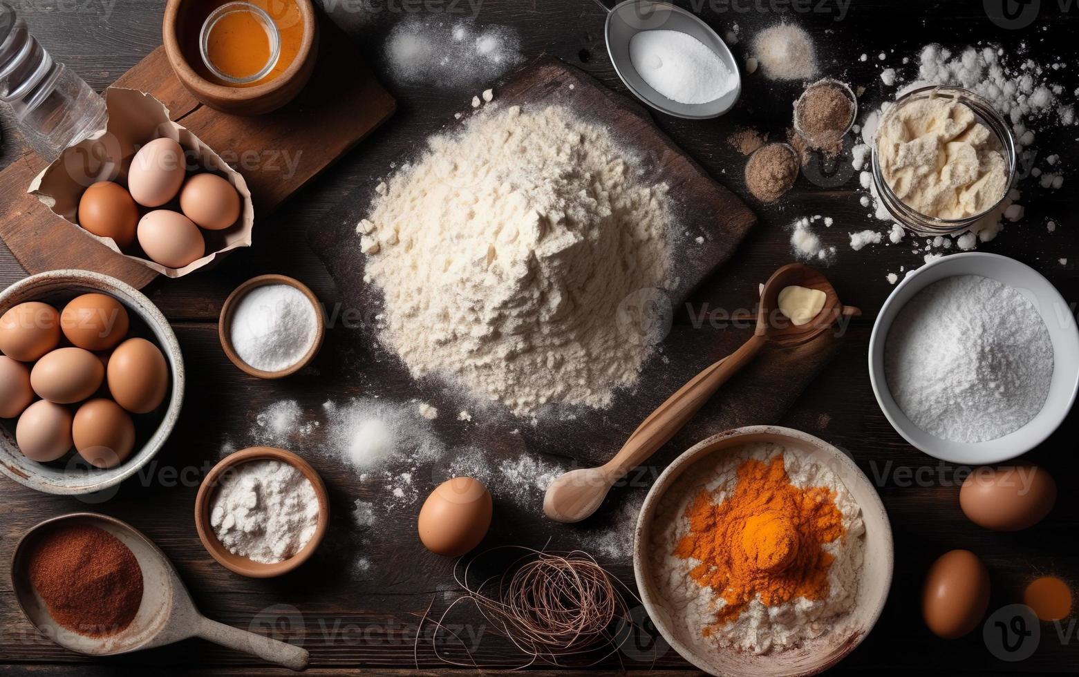 cozimento ingredientes e cozinha utensílios em de madeira fundo, topo Visão foto