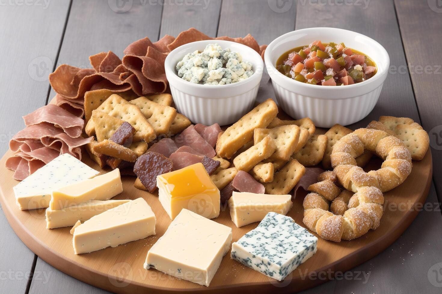 alemão cozinha. austríaco cozinha. diferente tipos do Comida dentro taças em uma Sombrio fundo. salgadinhos com Gorgonzola queijo e biscoitos . generativo ai foto