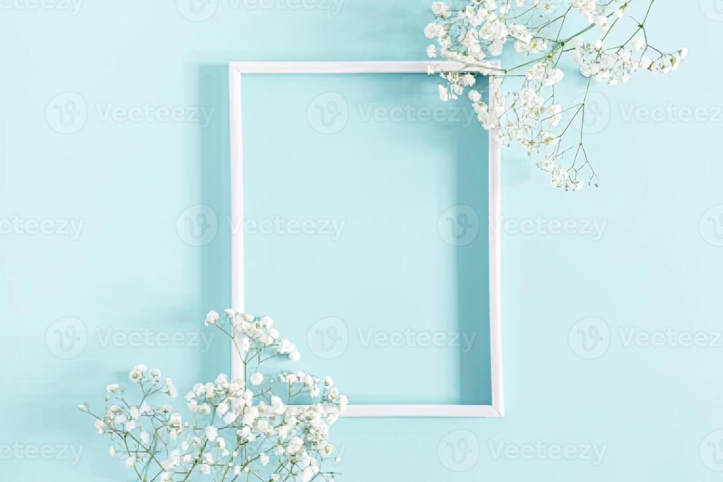 flores composição romântico. flores, foto quadro, Armação em pastel azul fundo. dia dos namorados dia, páscoa, aniversário, feliz mulheres dia, mãe dia. plano deitar, topo visualizar, cópia de espaço. generativo ai