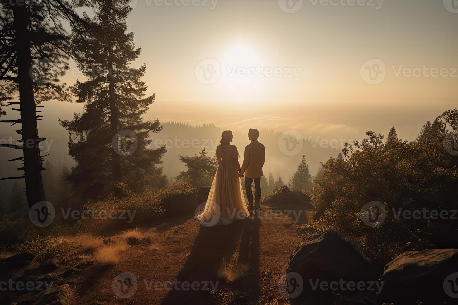 Casamento silhueta casal posando em pôr do sol dentro lindo floresta às Casamento dia. noiva e noivo dentro amar. inexistente pessoa. generativo ai. foto