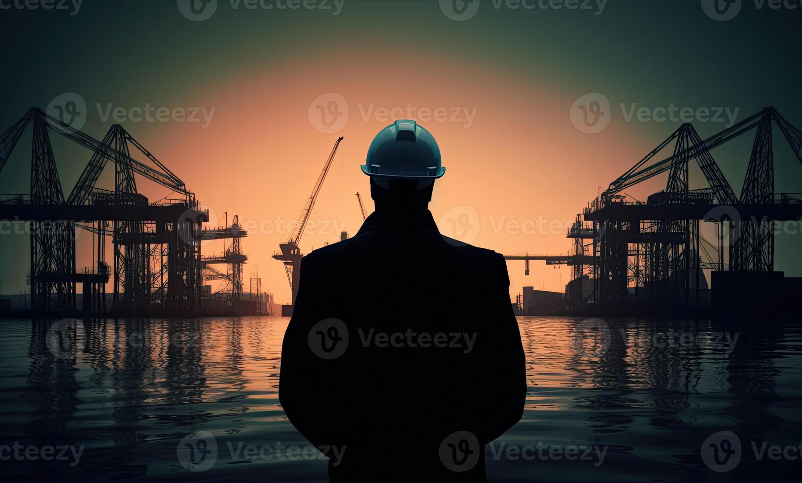 silhueta do engenheiro dentro segurança chapéu em pé dentro frente do no mar óleo plataforma estação, energia indústria. generativo ai. foto
