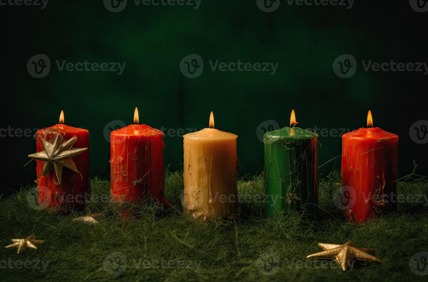 advento vela, abeto árvore galhos e feriado decorações dentro neve contra luz festão fundo. Natal cartão. generativo ai. foto