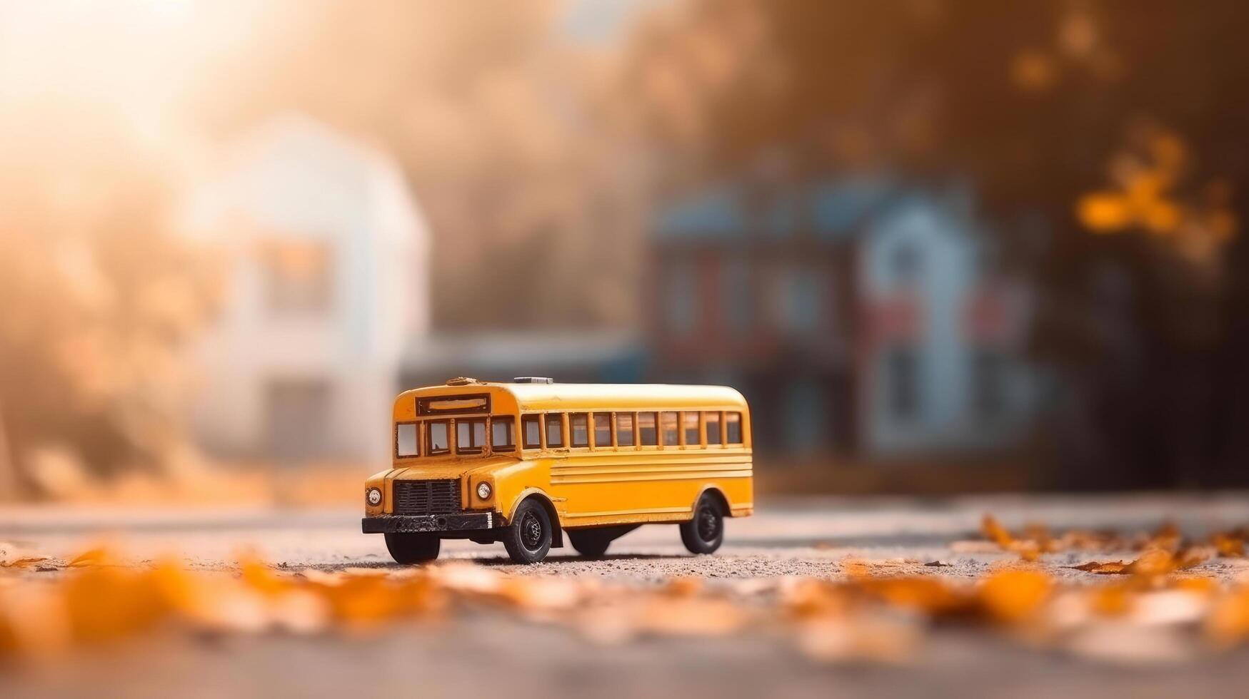 amarelo escola ônibus. costas para escola fundo. ilustração ai generativo foto