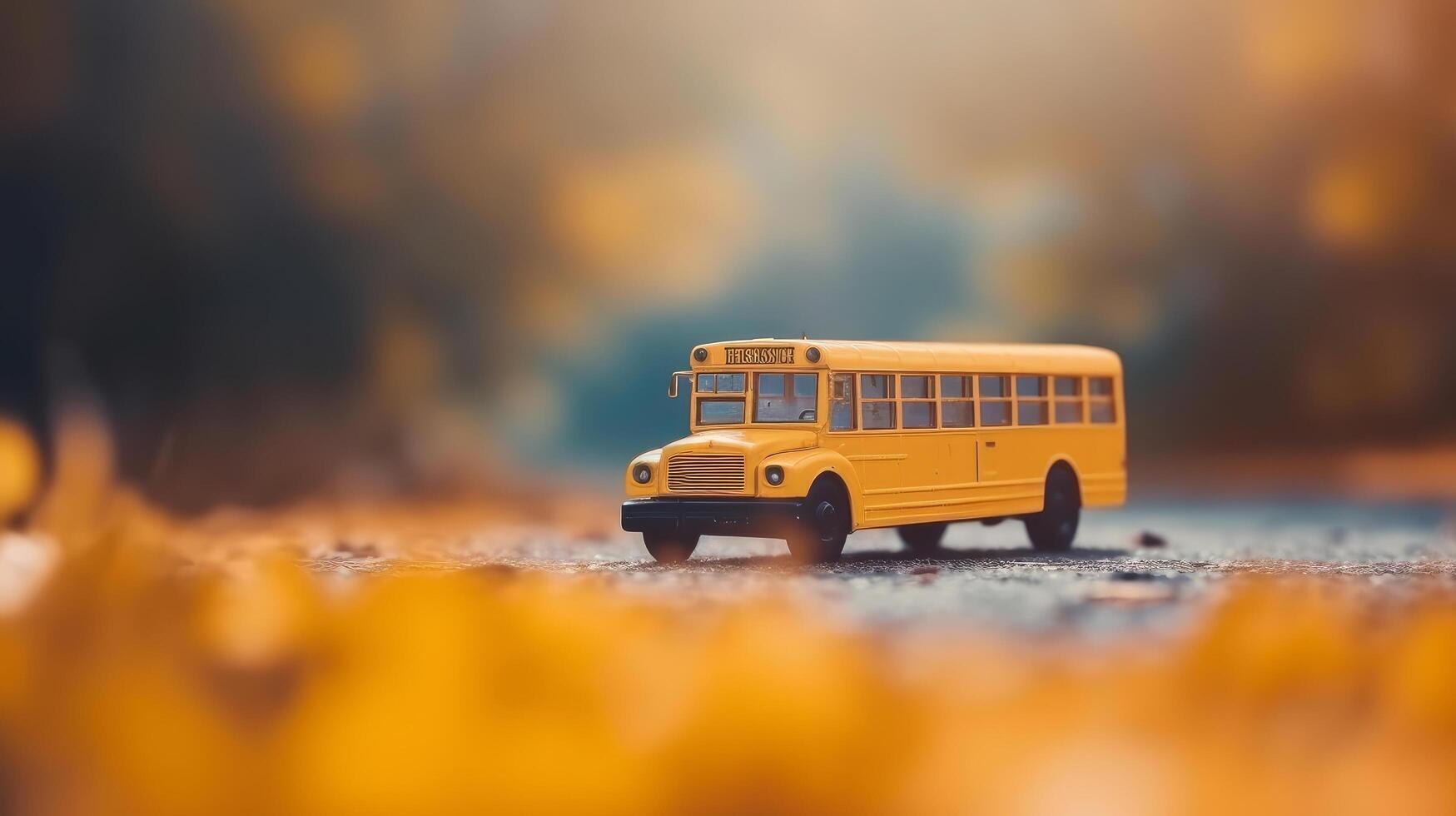amarelo escola ônibus. costas para escola fundo. ilustração ai generativo foto