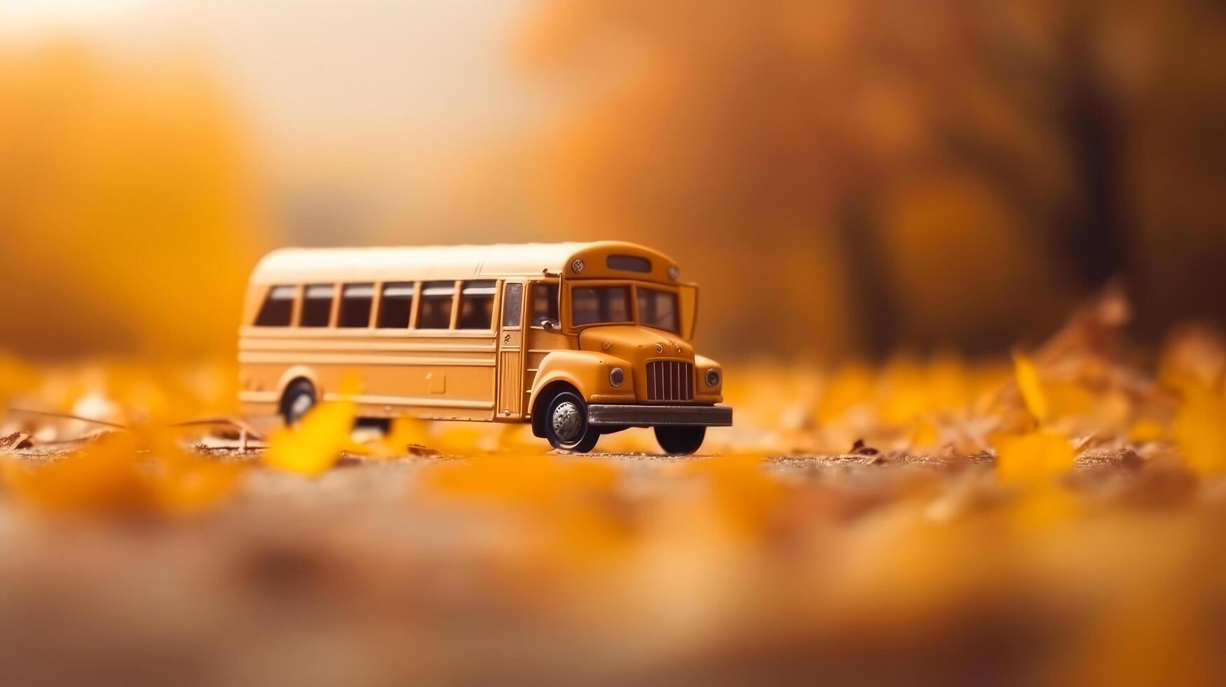 amarelo escola ônibus. costas para escola fundo. ilustração ai generativo foto