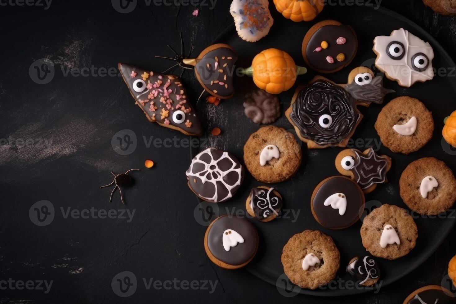 topo Visão em assustador dia das Bruxas biscoitos em uma Sombrio fundo criada com generativo ai tecnologia. foto
