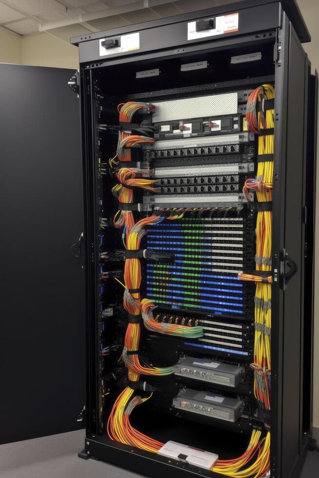 ethernet cabos e caminho painel dentro prateleira gabinete. generativo ai foto