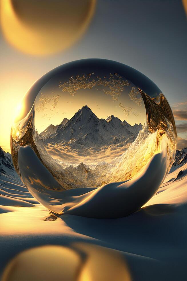 cristal bola sentado em topo do uma neve coberto chão. generativo ai. foto