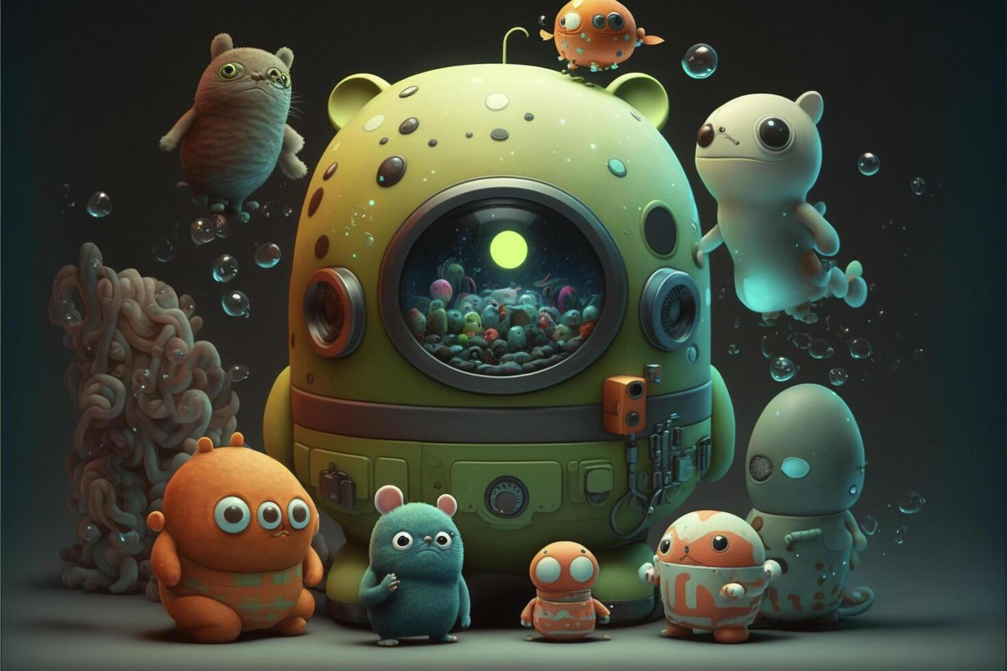 grupo do desenho animado animais em pé dentro frente do uma submarino. generativo ai. foto