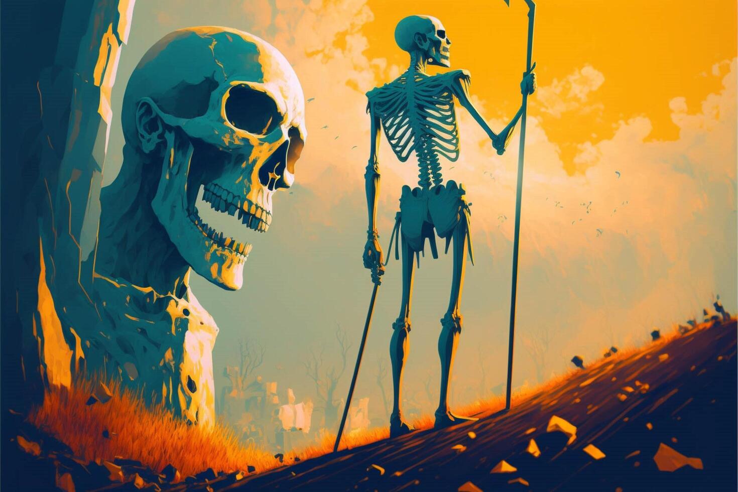 esqueleto em pé Próximo para uma esqueleto segurando uma foice. generativo ai. foto