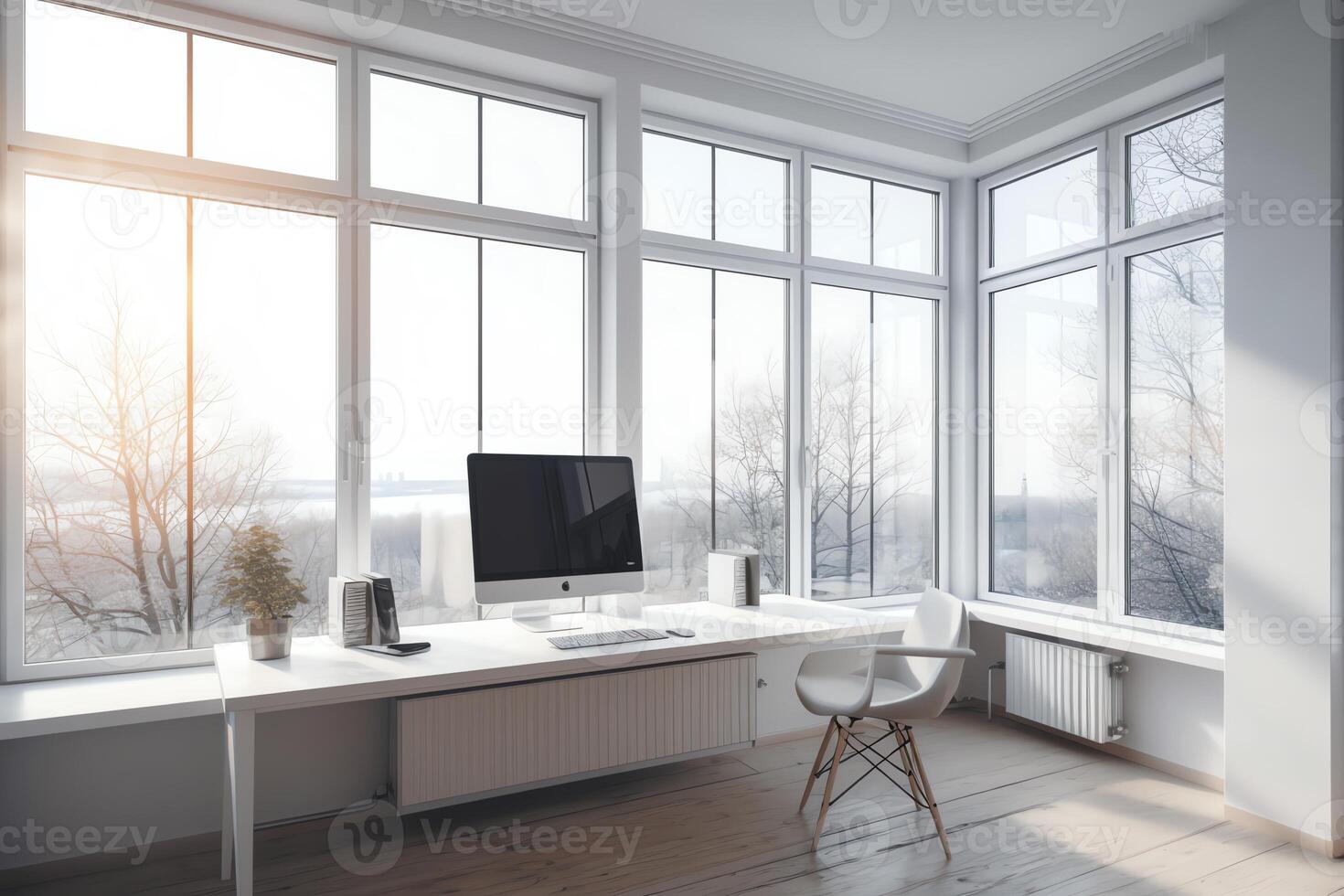 luz escritório com computador e panorâmico janela. ai gerado foto
