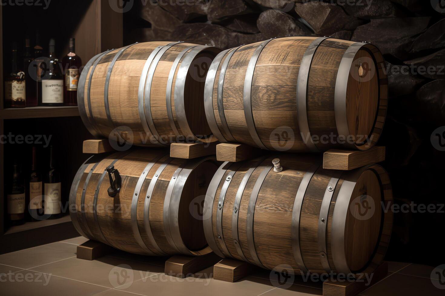 vinho armazenamento com carvalho barris para vintage vinho, uísque, e rum. ai gerado foto