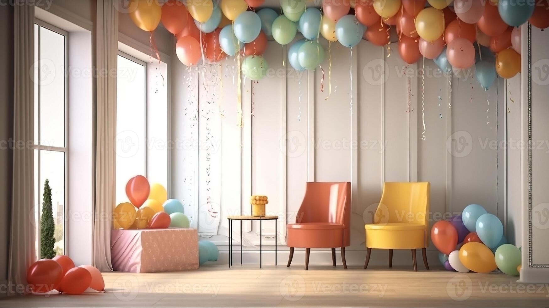 a crianças quarto é decorado para a celebração do a aniversário, colorida balões, fitas. ai gerado. foto
