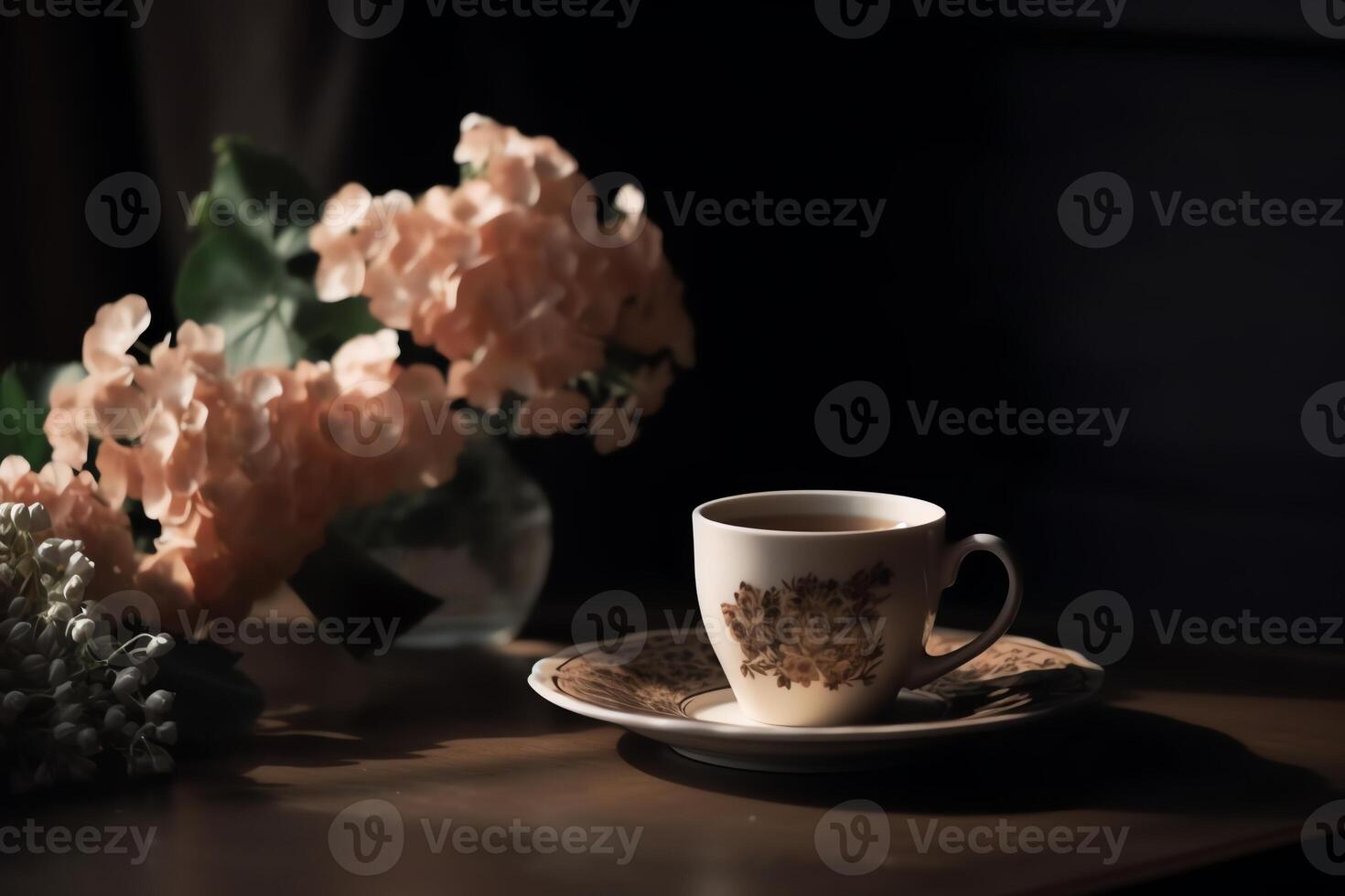 café copo com flores em mesa. ai gerado foto