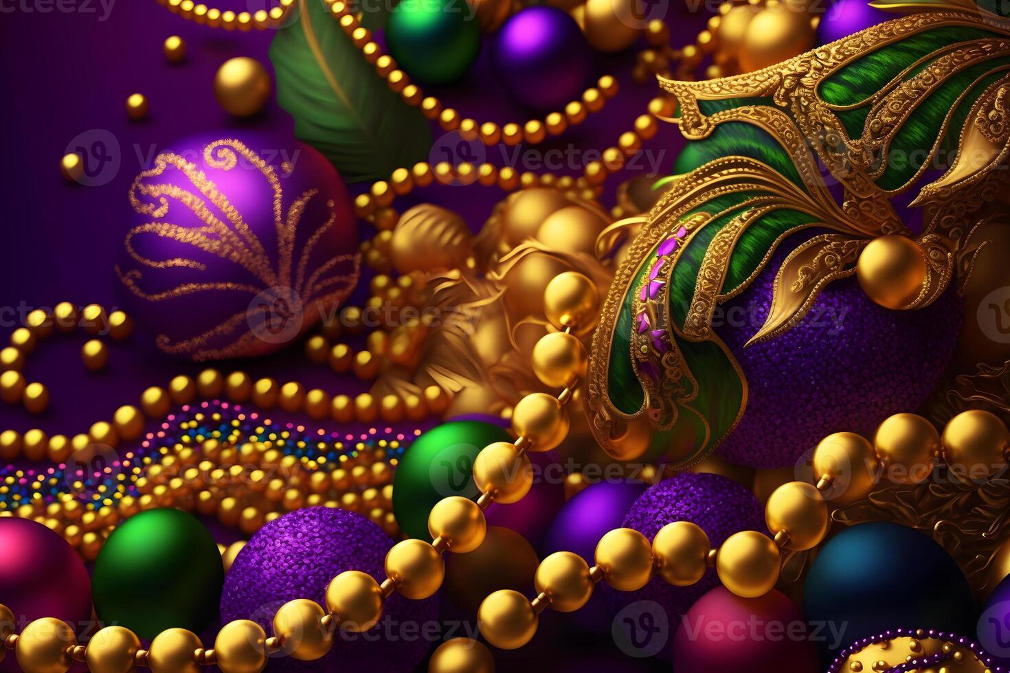 mardi gras máscaras e mardi gras miçangas fundo. neural rede ai gerado foto