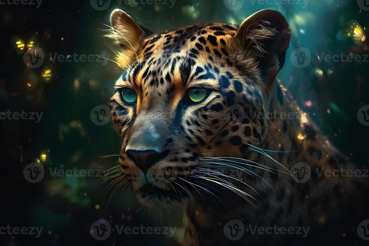 leopardo retrato fechar acima em Sombrio fundo. neural rede ai gerado foto