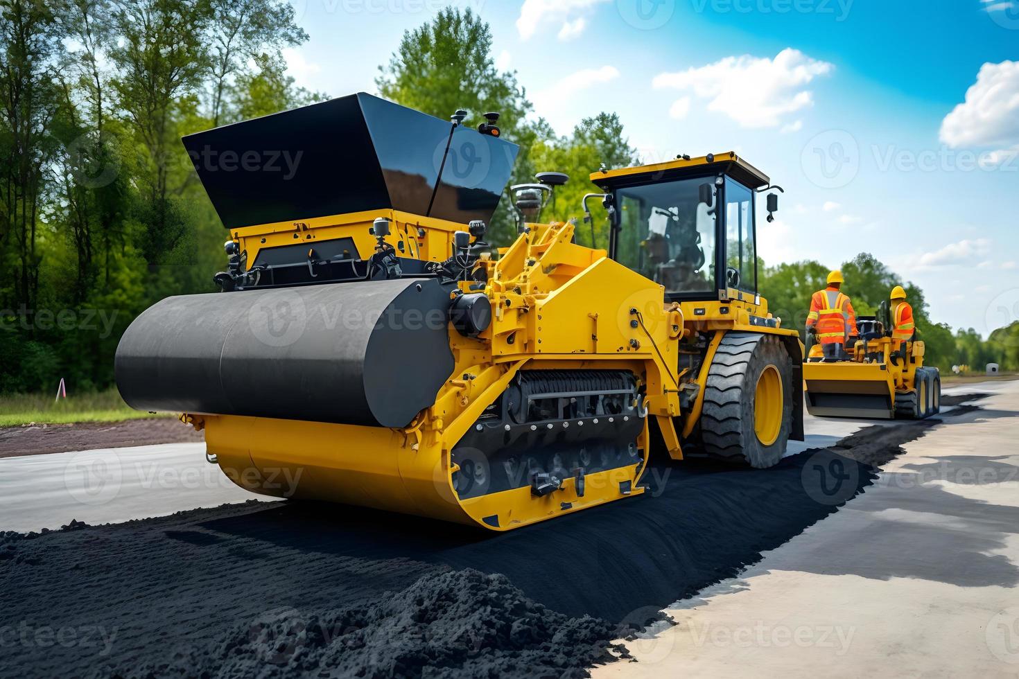 trabalhador operativo asfalto pavimentar máquina finalizador durante estrada construção e reparação funciona. neural rede gerado arte foto