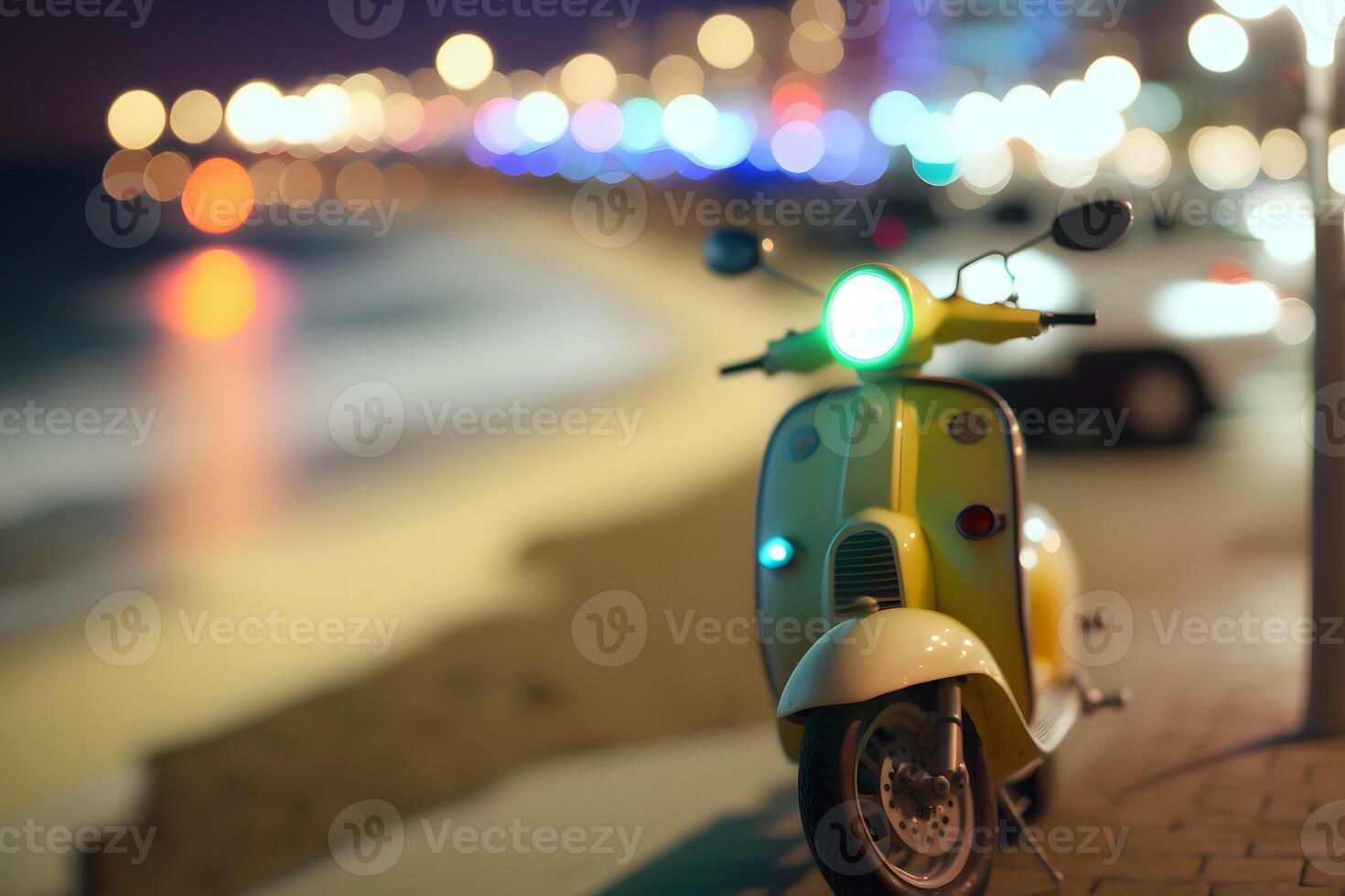 lambreta ciclomotor às oceano dirigir miami de praia às noite com néon luzes a partir de hotéis. neural rede ai gerado foto