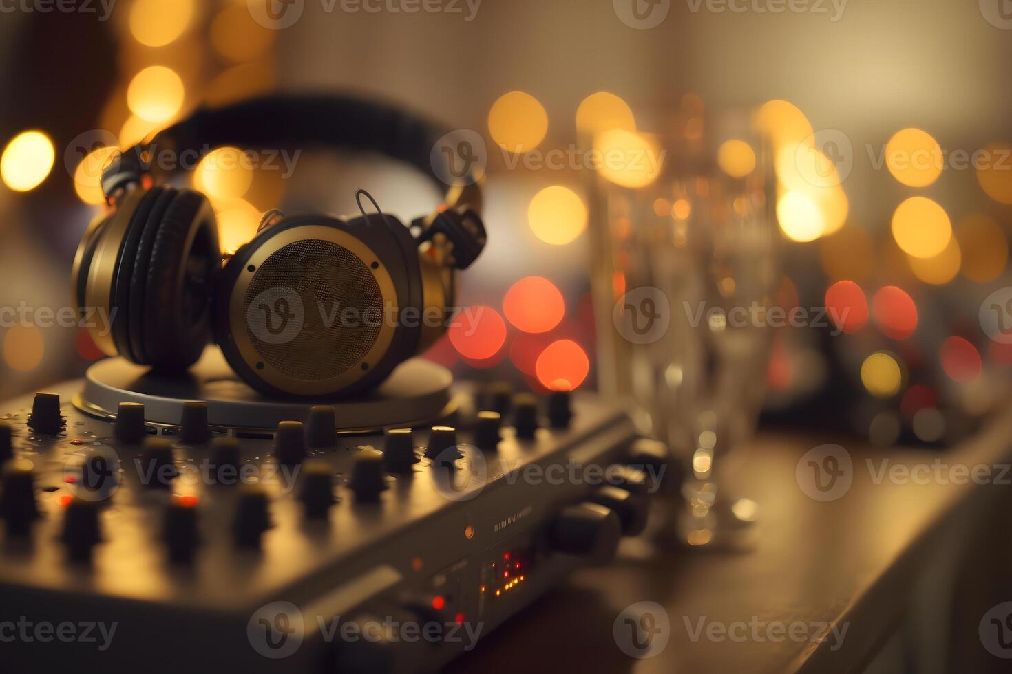 moderno grande profissional fones de ouvido em DJs mesa às noite Festa. neural rede ai gerado foto