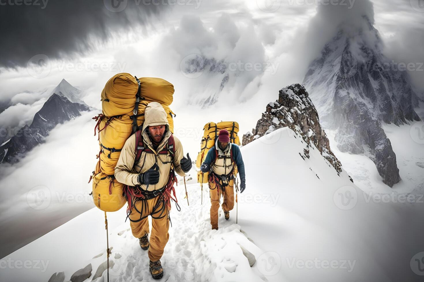 grupo do turistas dentro inverno dentro a montanhas. trabalho em equipe conceito. neural rede ai gerado foto