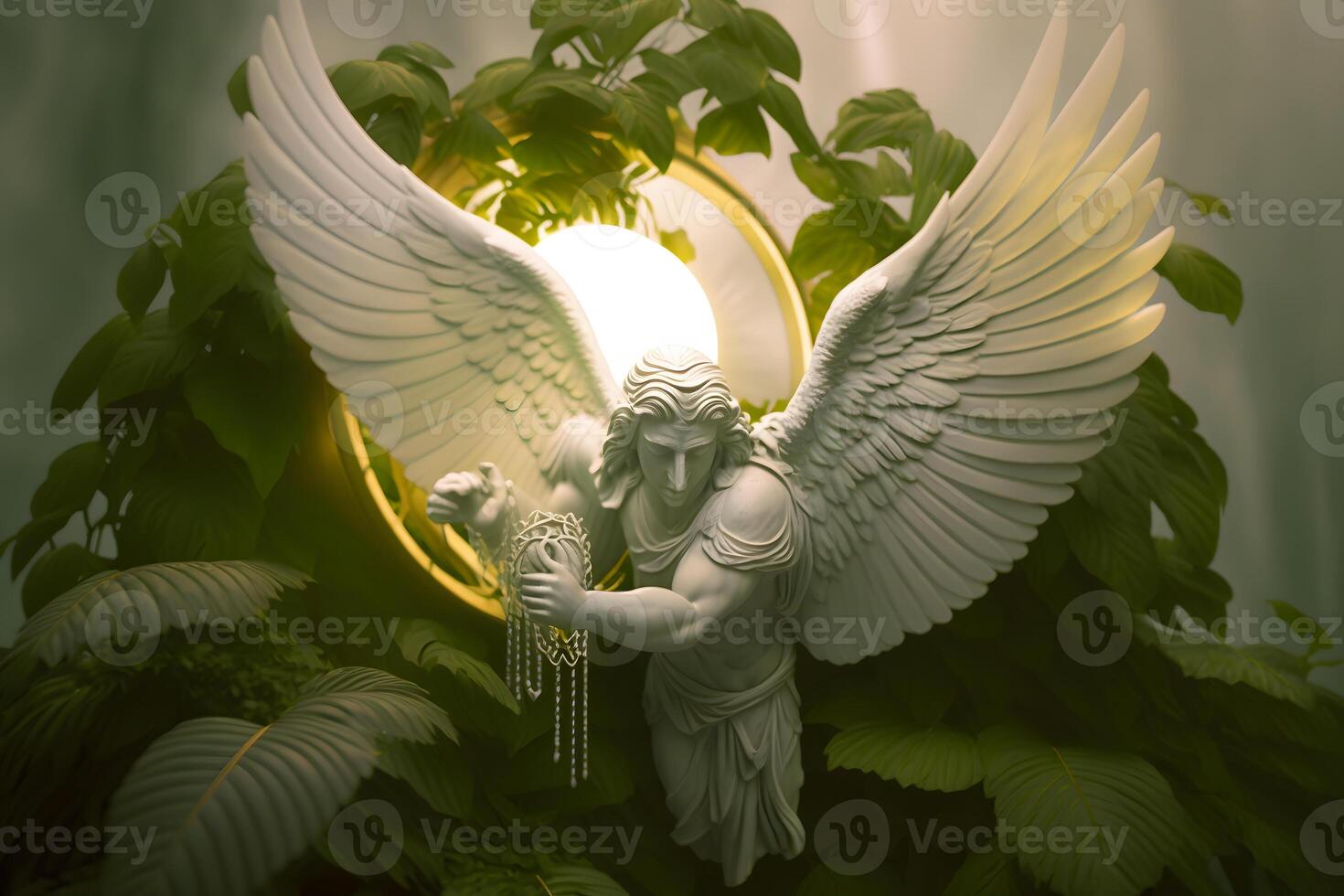 branco mármore estátua do anjo dentro jardim. neural rede ai gerado foto