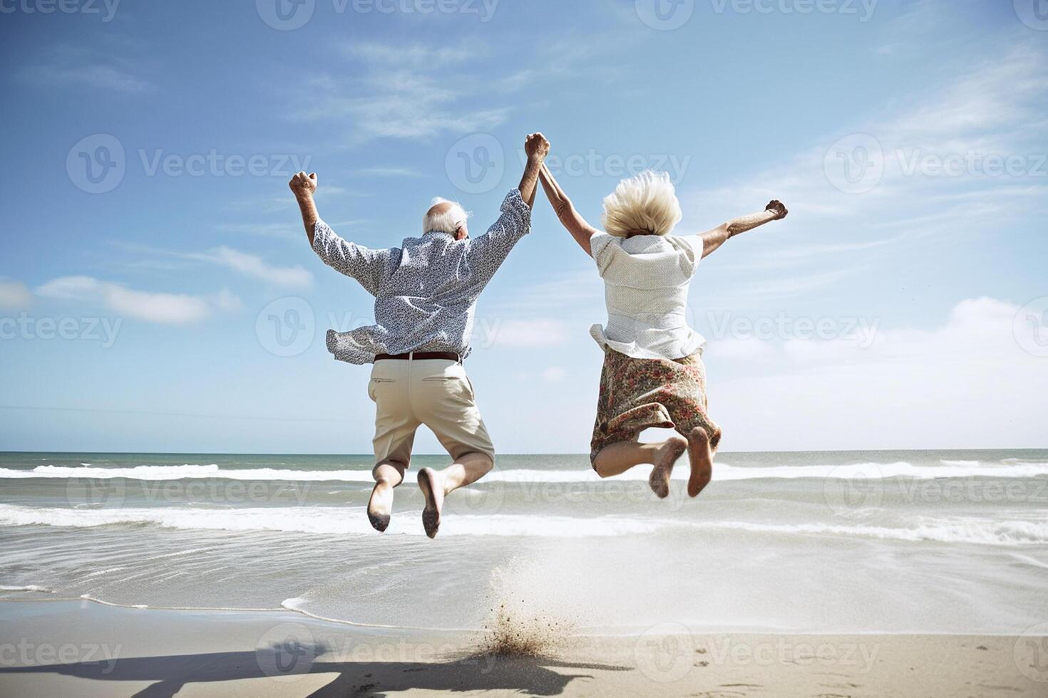 Senior casal saltar para alegria às de praia período de férias. generativo ai. foto