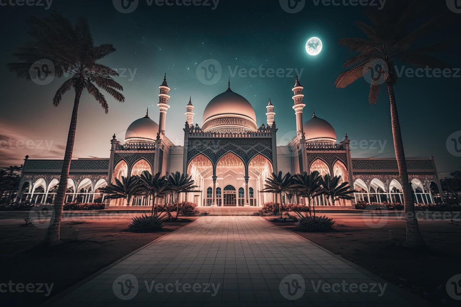 mesquita islâmico Ramadã lua fundo Sombrio cinematográfico fundo ai gerado foto