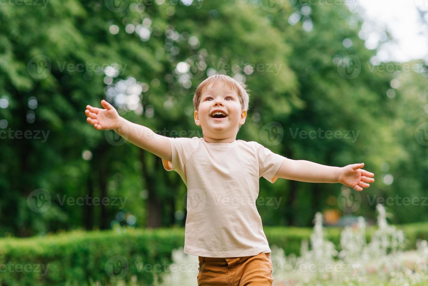 feliz pequeno Garoto corre com dele braços estendido através a parque dentro verão foto