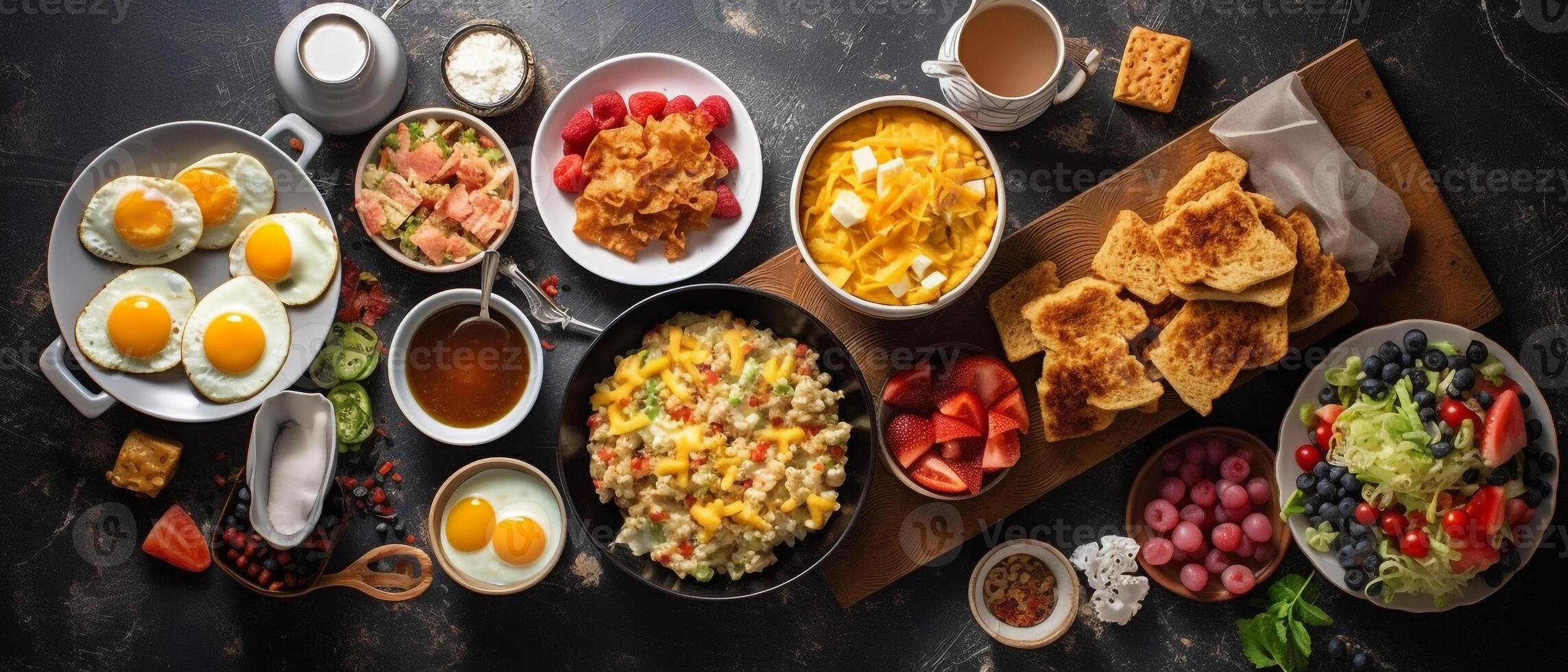 conjunto do americano café da manhã Comida com estético arranjo, topo visualizar. foto