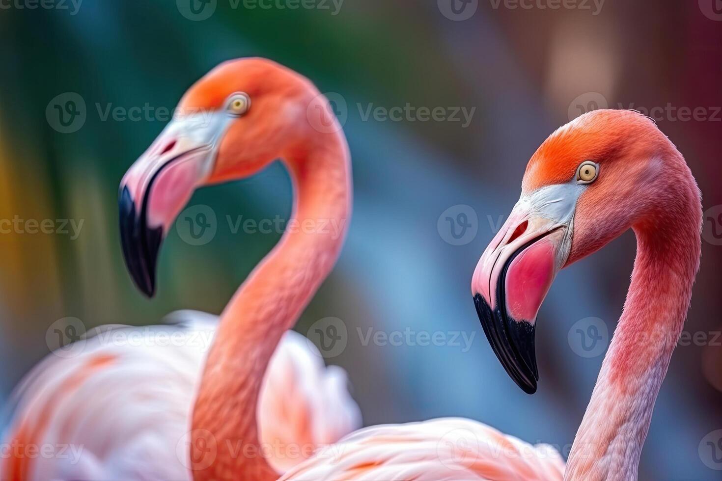 fechar acima retrato do dois flamingo pássaro em pastel colori fundo. generativo ai foto