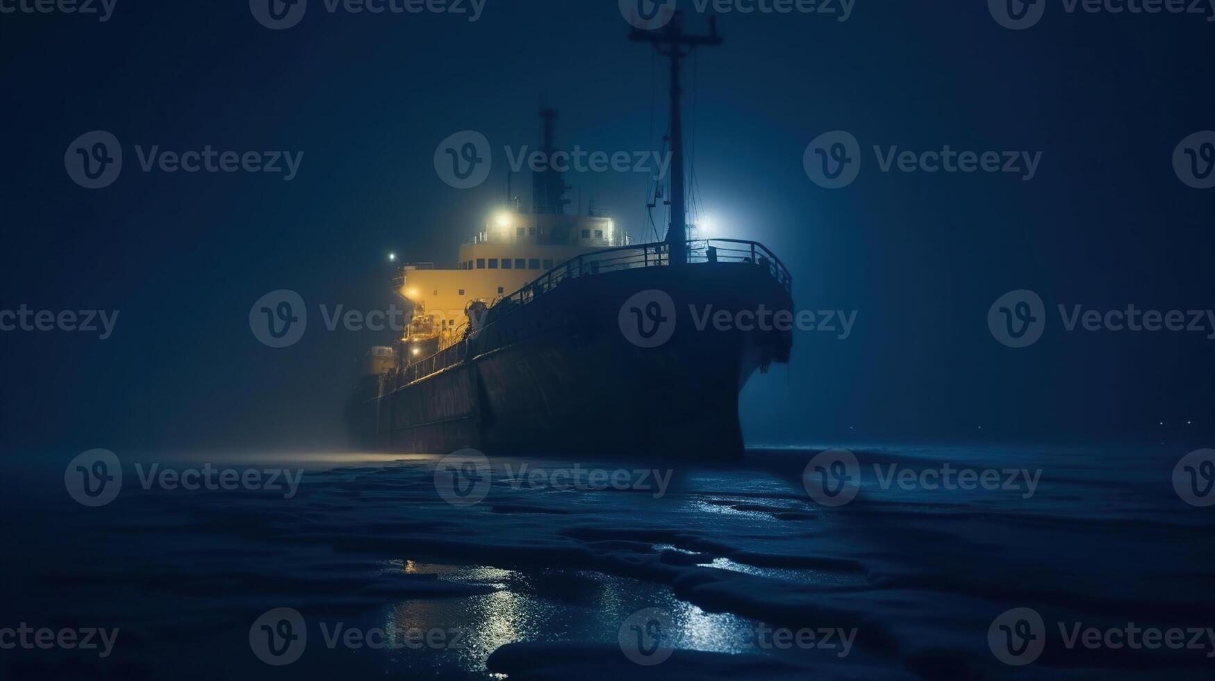 cruzeiro navio gelo disjuntor é mostrando às noite, fatiamento através a nebuloso águas, gerado ai imagem foto