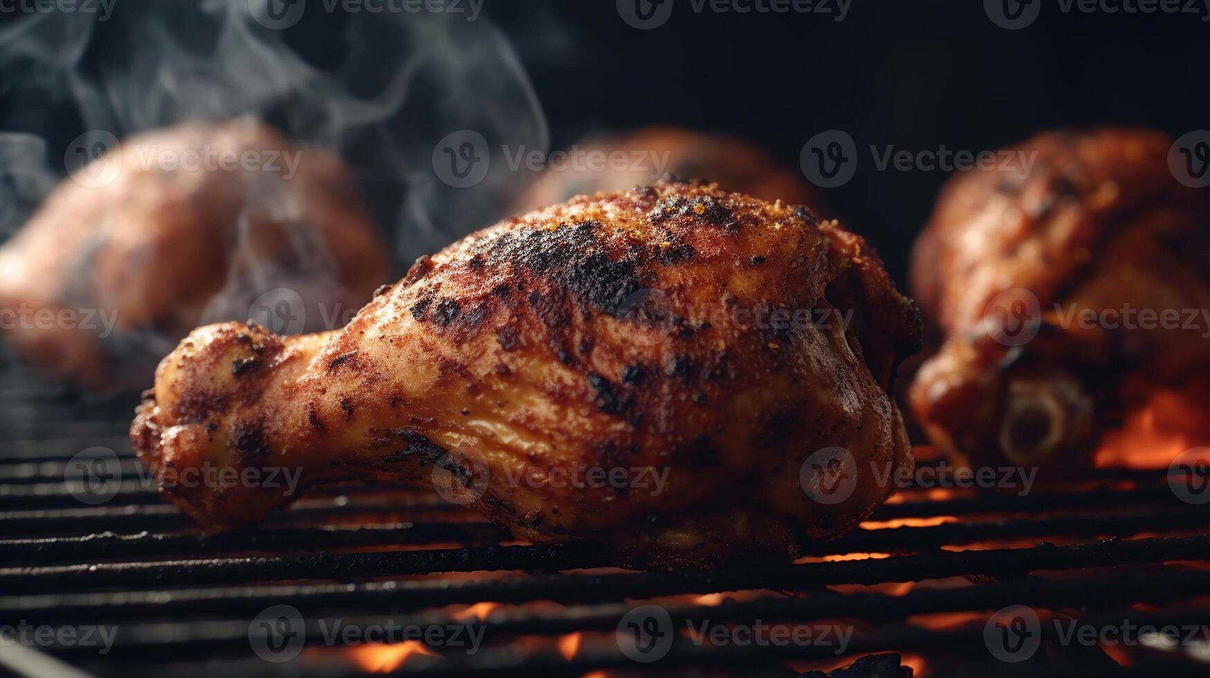 suculento temperado frango baquetas em uma grade com fumar, gerado ai imagem foto