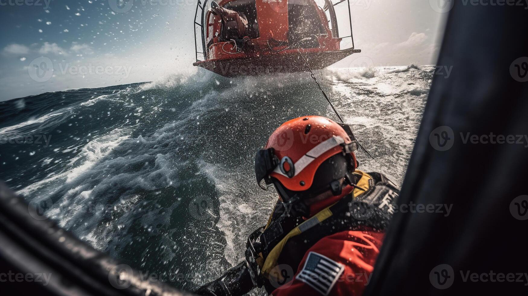 helicóptero com uma sobrevivência nadador suspensão fora, gerado ai imagem foto