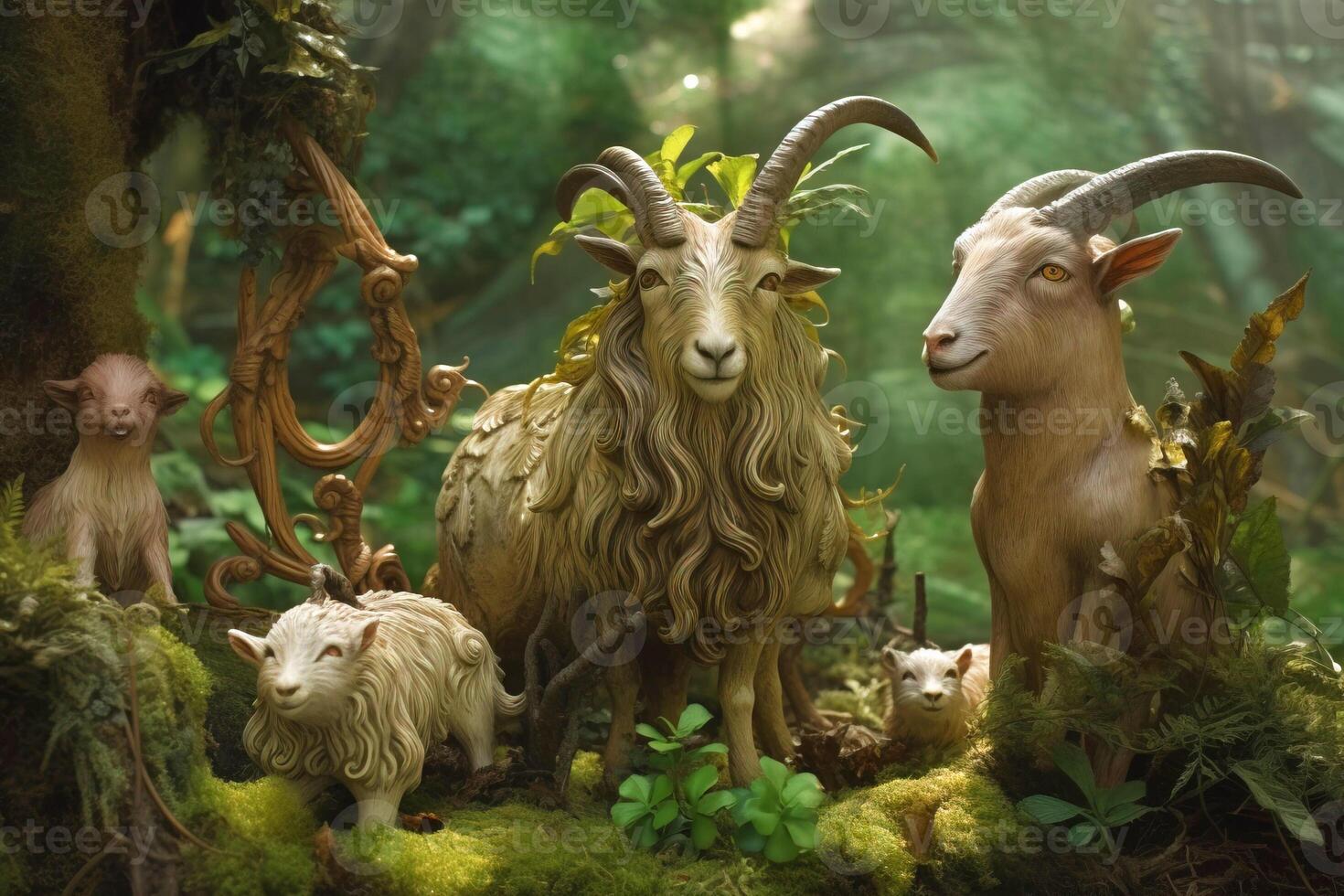 floresta divindades mitológico cabras com chifres, criatura a partir de legendas. ai gerado. foto