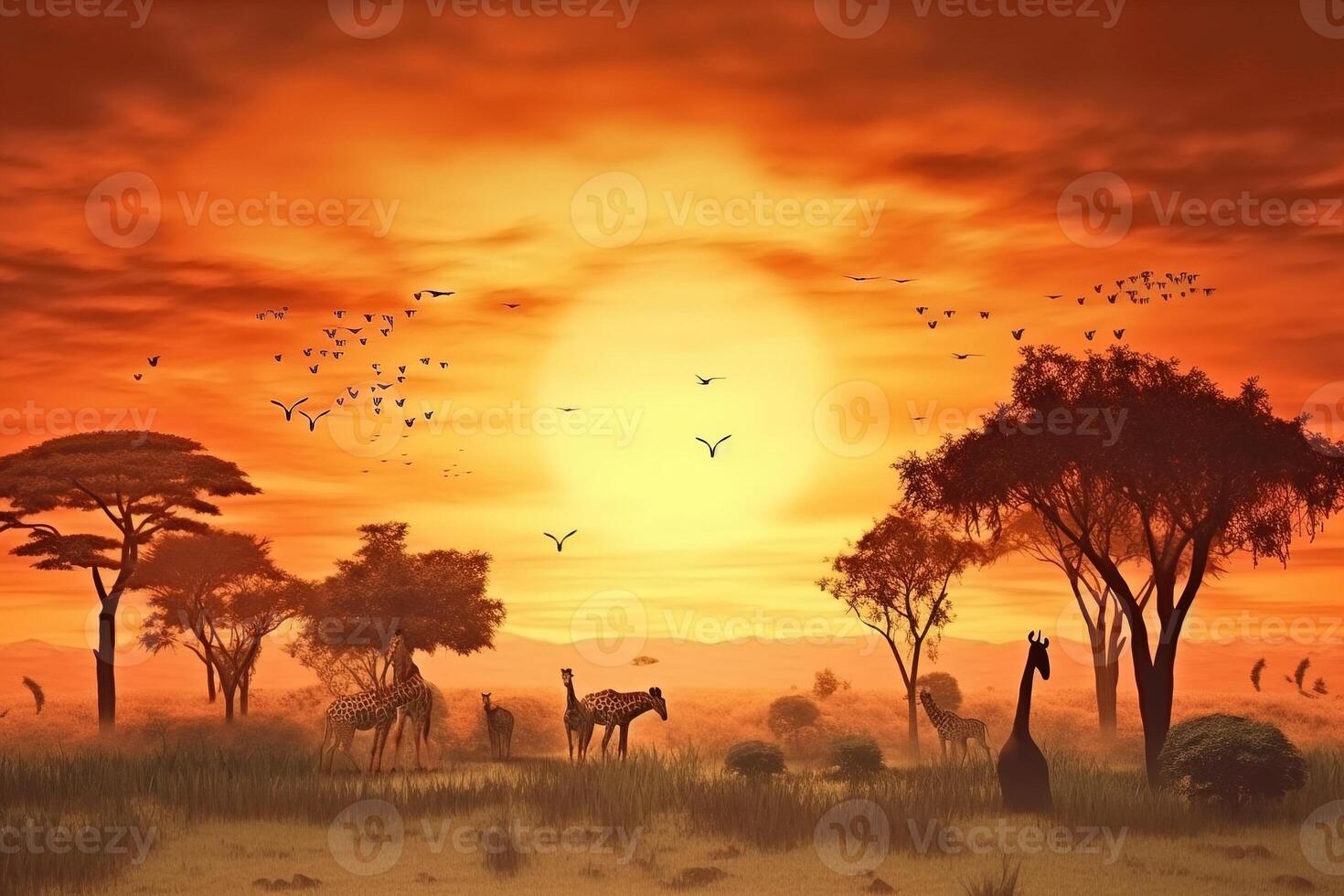 natureza dentro África dia, panorama contra a pano de fundo do a Aumentar Sol. selvagem animais dentro a moitas. ai gerado. foto