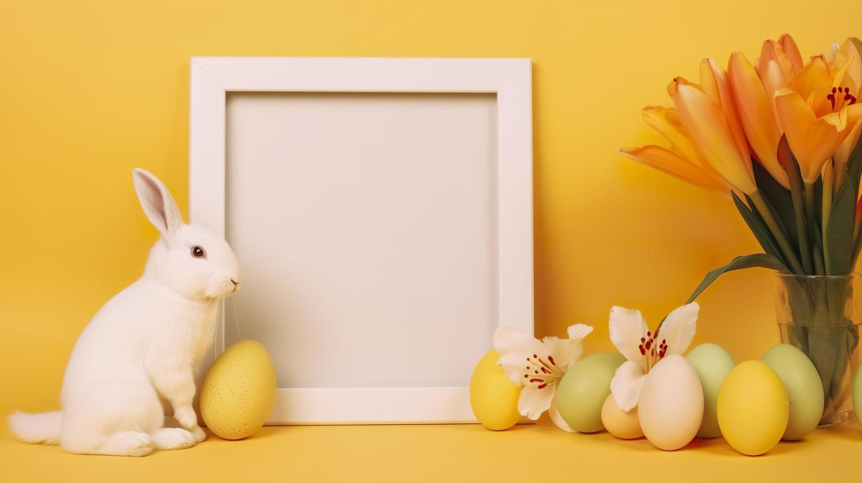 livre foto a esvaziar branco fronteira quadro, Armação decorado com lírio flores Coelho estatueta e Páscoa ovos em amarelo fundo, gerar ai